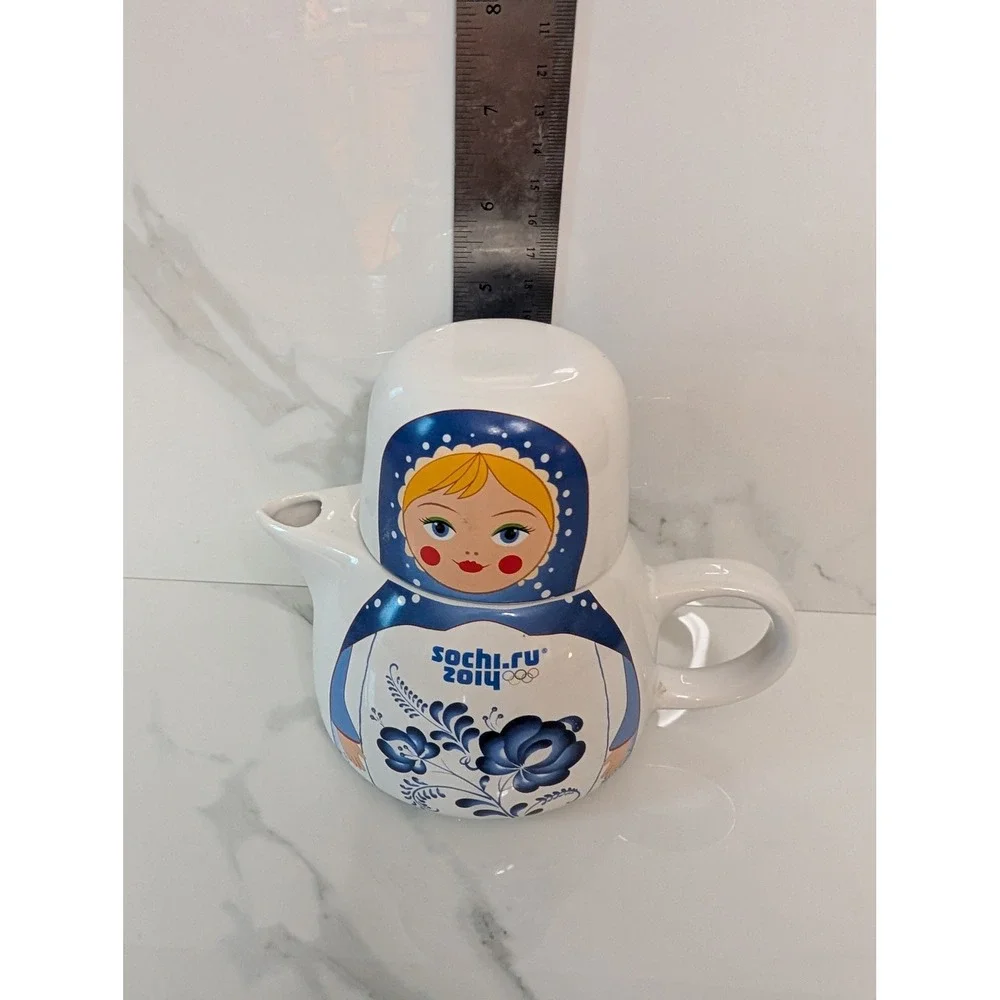Sochi 2014 Winter Olympics Matryoshka Nesting Doll Teapot and Cup Set Ceramic
